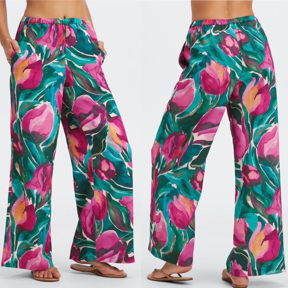 fabletics eco satin all over floral painted tulips high waisted  sleep pants